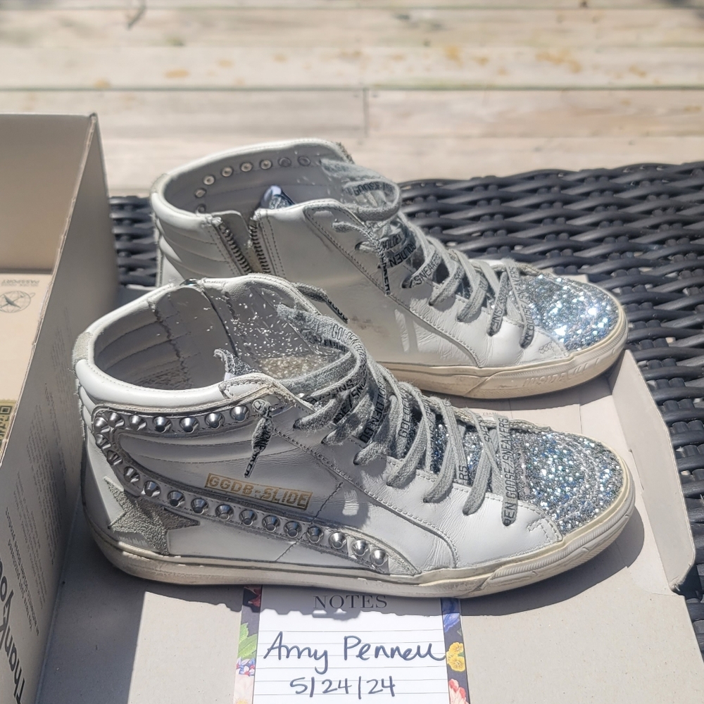 Golden Goose Classic Slides White/Ice/Silver Glitter Metal Studs Size 38 *RARE*